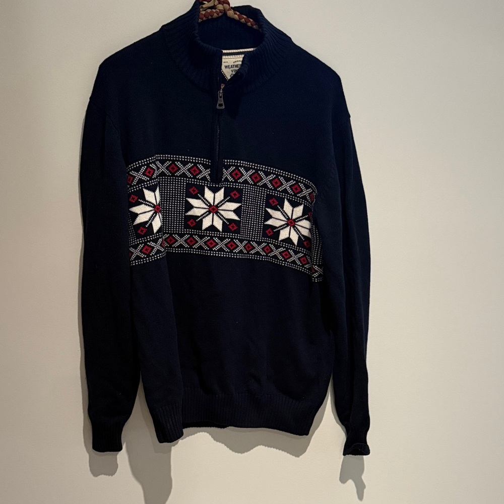 Men's Black Zip-Up Sweater with Snowflake Design